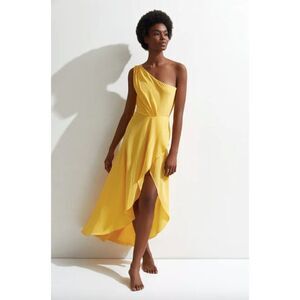 OYE Swimwear yellow silk Alexa one shoulder flowy front slit resort midi dress